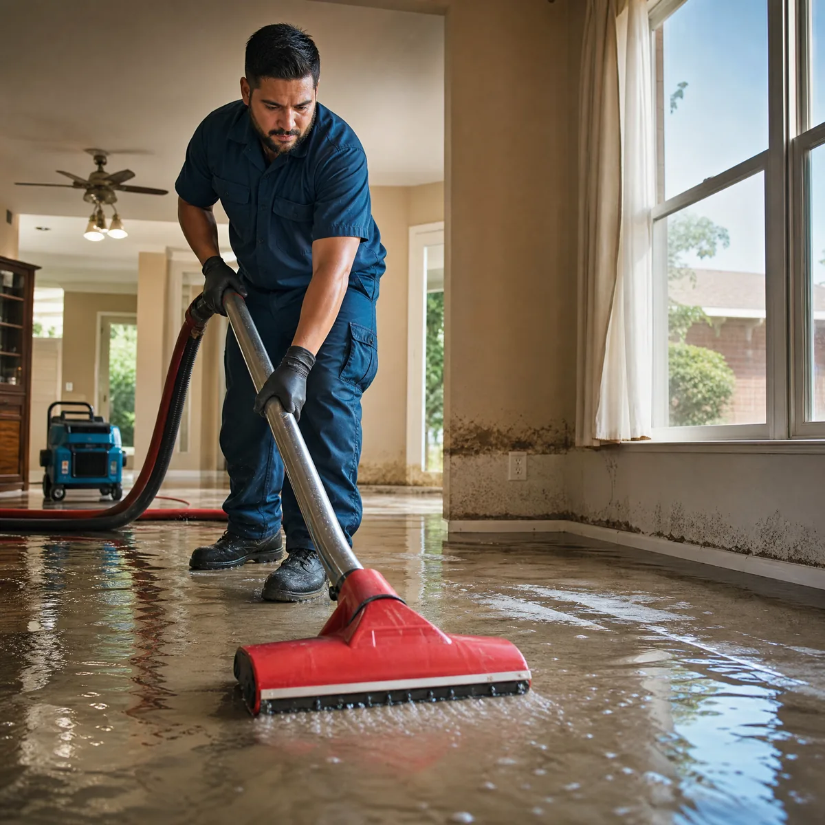 Water-damaged interior during cleanup