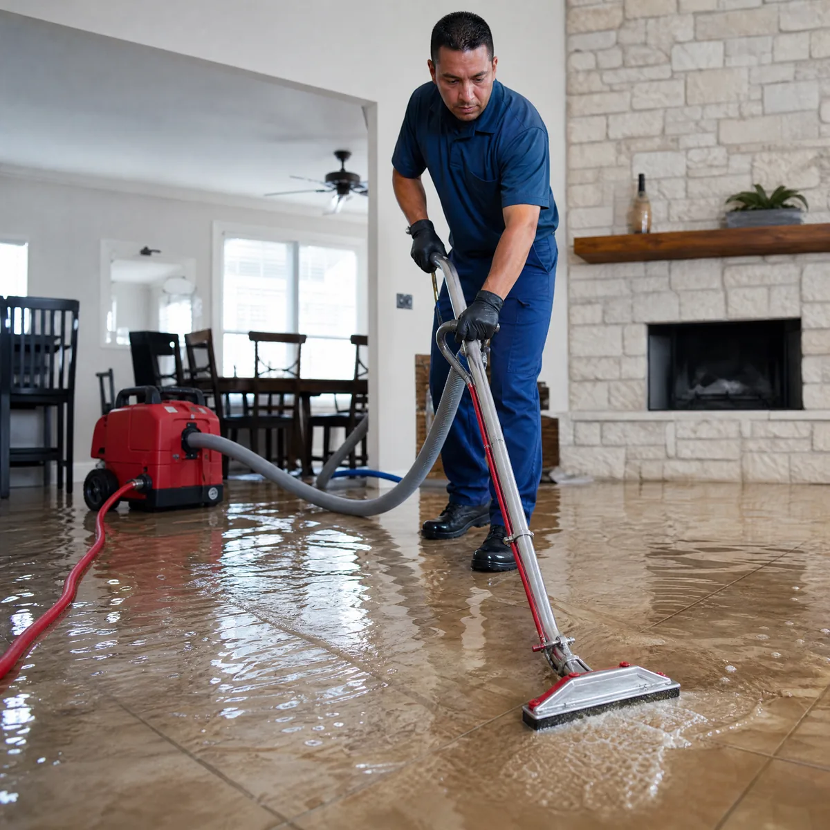 Technician extracting water from a residential room