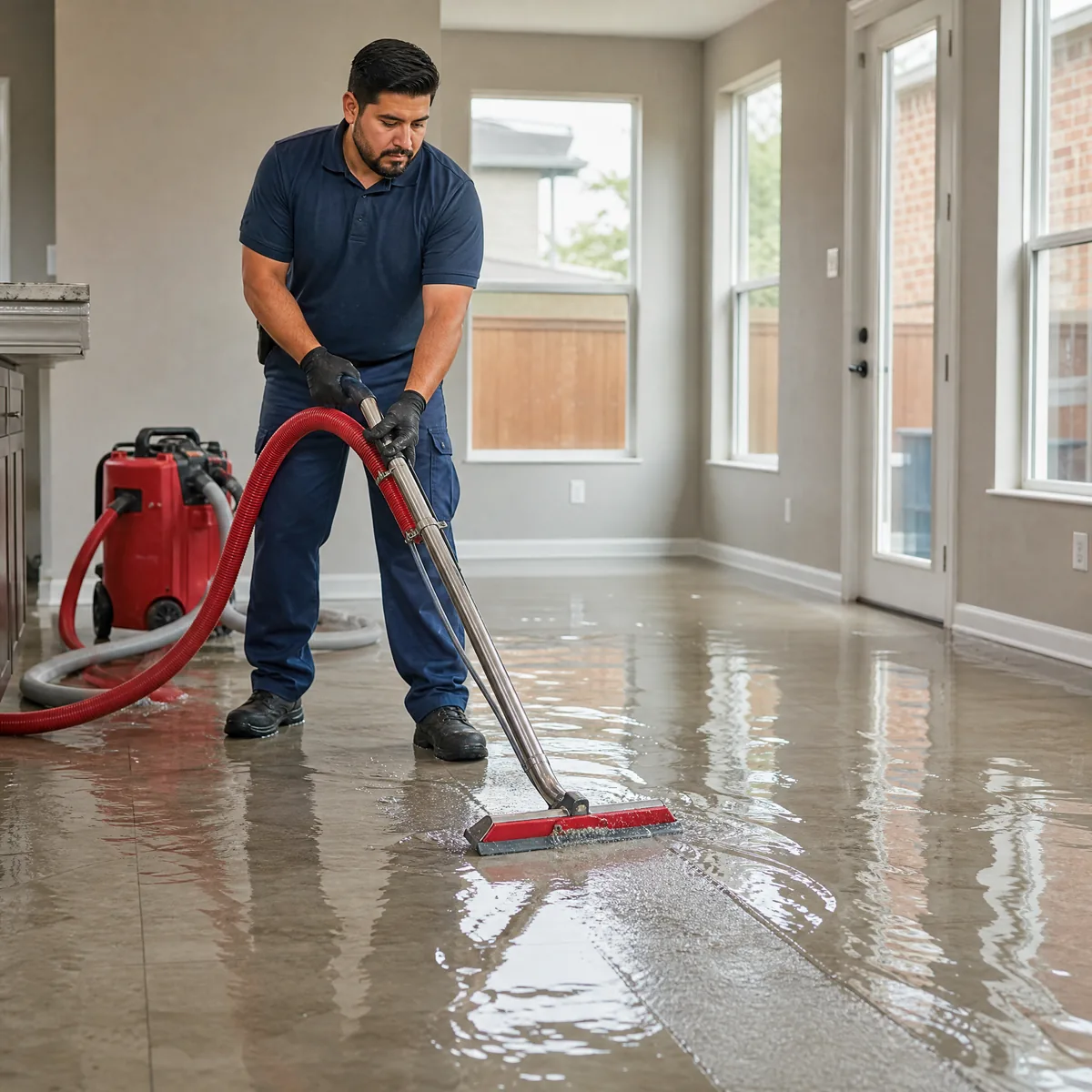 Technician using water extraction equipment in a flooded room